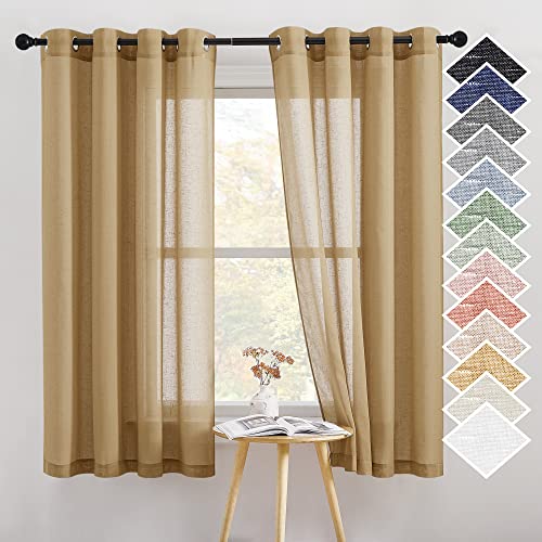 NICETOWN Linen Blend Flax Sheer Window Curtains, Ring Top Semi Sheer Drapes Privacy with Light Through Window Treatments for Bedroom/Kids Room, Camel, 52" Wide by 63" Long, 2 Pieces