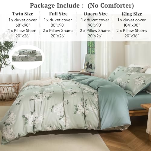 MILDLY Queen Size Duvet Cover Set 100% Long-Staple Cotton Luxury Sage Green Floral Patten Reversible Comforter Cover Set 3Pcs