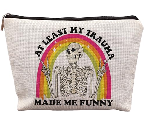 uinwk Funny Mental Health Makeup Bag, Mental Health Gifts, at Least My Trauma Made Me Funny Sarcastic Skeleton Meme Cosmetic Bag, Psychology Gifts, Funny Gifts for Women Adult Humor