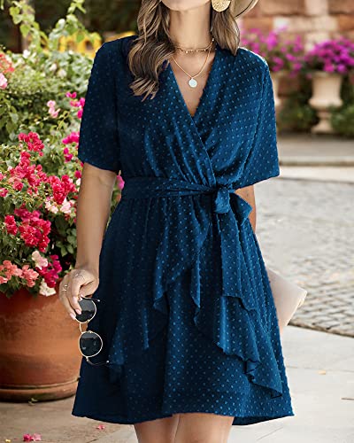 Btfbm Women 2023 Fashion Faux Wrap V-Neck Dresses Short Sleeve High Waist Belt Swing Ruffle Hem Aline Summer Short Dress(Dark Blue, Large) #TOP3