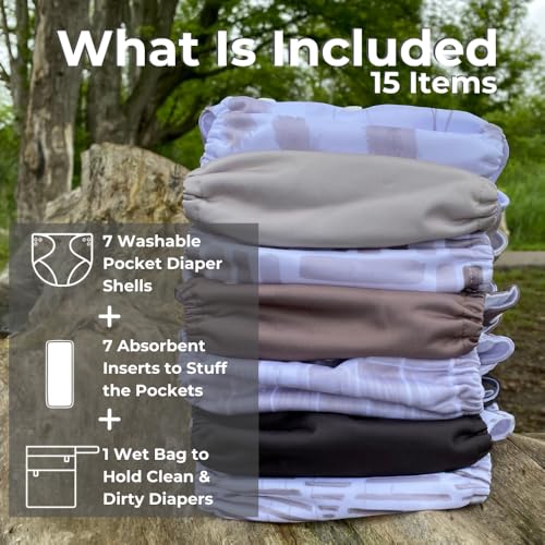Image of Nora's Nursery Cloth Diapers 7 Pack with 7 Inserts & 1 Wet Bag - Waterproof Cover, Washable, Reusable & One Size Adjustable Pocket Diapers for Newborns and Toddlers - Earthy Boho