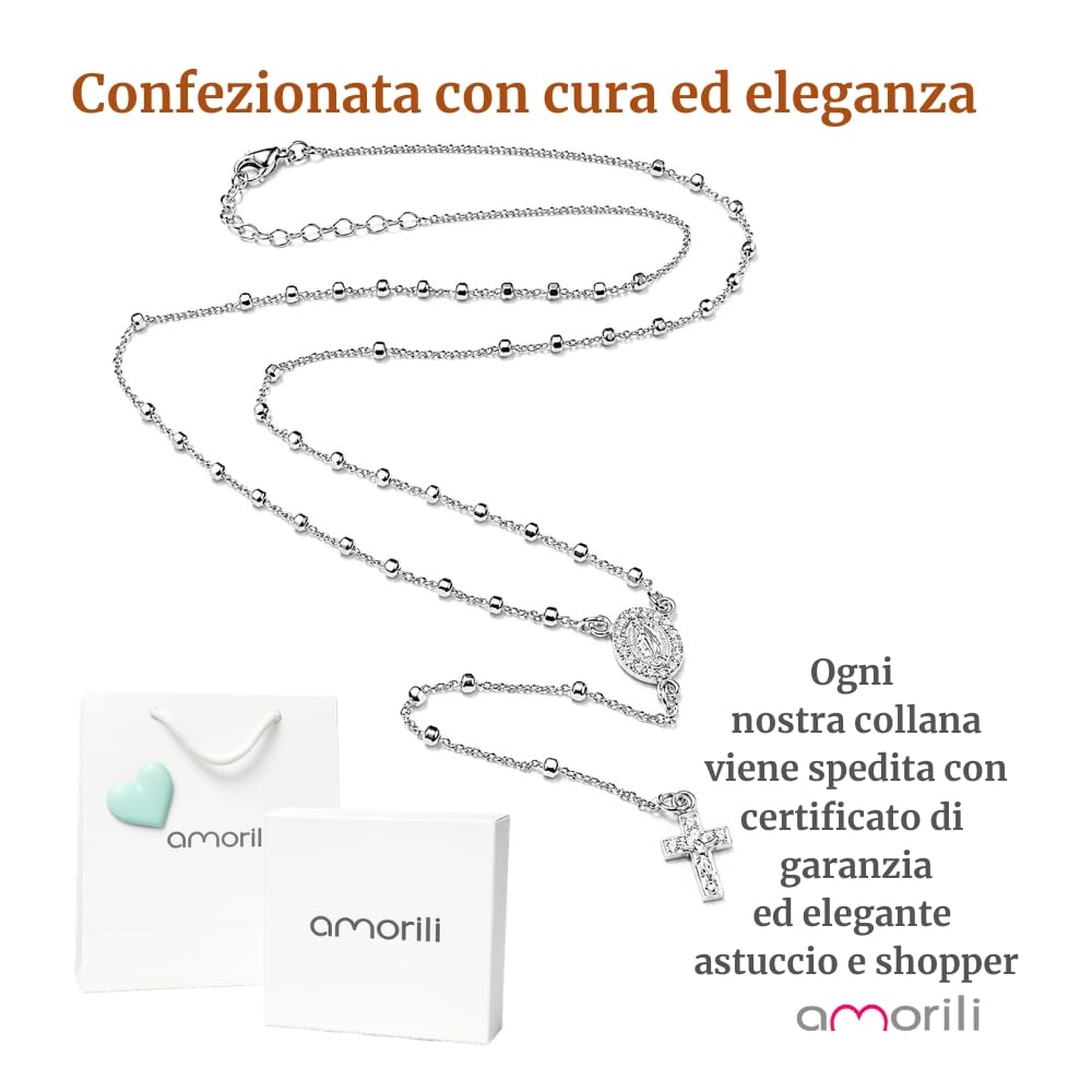 Collana Rosario Donna in Argento 925 con Zirconi – Collana Religiosa Cattolica Cristiana di Fede – Gioiello Elegante Idea Regalo cll1384b
