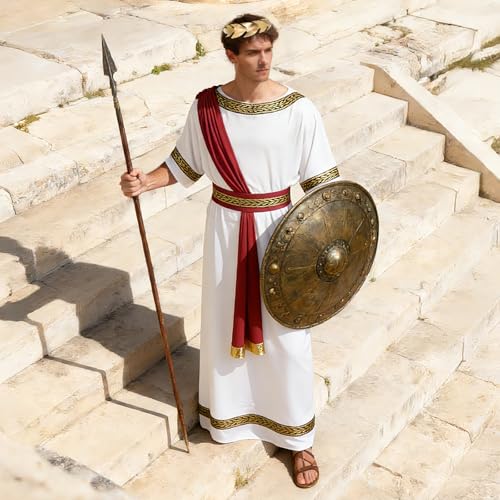 FainFun Costume d'empereur Romain, Costume César de avec écharpe Rouge et Bandeau Doré, Robe Blanche, pour Noël, Halloween, Pâques, Fêtes et Cosplay – vue 3