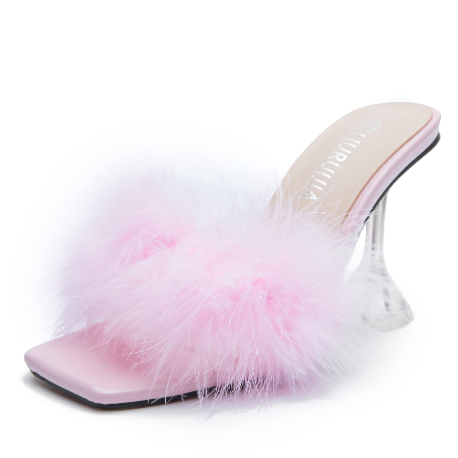 LIURUIJIA Women's Feather High Heeled Mules Slip On Sandals Square Toe Bridal Wedding Party Shoes Fuzzy Fluffy Sexy Clear Heels