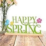 ハロースプリングサイン木製ベース、フラワーバタフライテーブル装飾 家庭、オフィス、炉棚、屋内、農家の素朴な季節のティアードトレイ装飾 メタルハッピーサイン