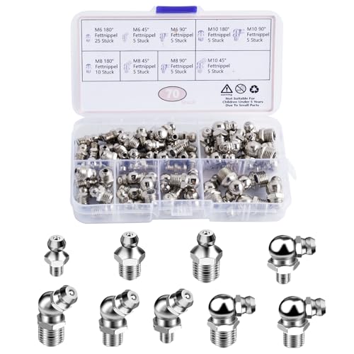 ROSYLEVE 70 pezzi Assortimento di ingrassatori,kit Grasso Raccordo Assortimento M6 M8 M10 iritti e angolati 45° 90° 180° ingrassatori conici per Pistole per grasso