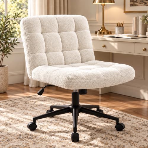 Clevich Chaise de Bureau, Large siège de couturière, Ergonomique, réglable en Hauteur, pour Maison, Bureau, Maquillage, Chambre à Coucher (Sherpa, Blanc)