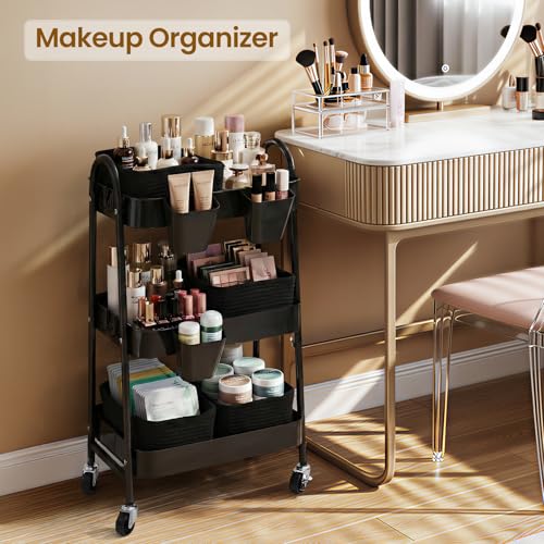 3-Tier Rolling Utility Cart with 4 Woven Baskets, Diaper Book Snack Cart, Storage Organizer for Nursery, Kitchen, Craft Room, Home SPA, Living Room, Metal Frame Trolley on Lockable Wheels, Black by AOZITA - Used condition - Image 5