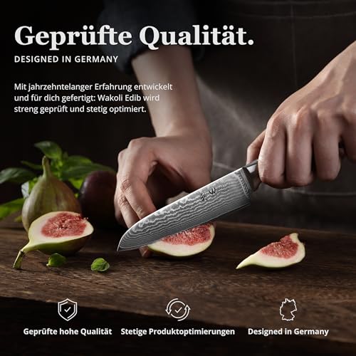 Foto von Wakoli EDIB Santoku Messer aus echtem Damaststahl (VG10 Kern) mit 12,5 cm Klinge – Scharf und handlich – Santoku Damastmesser mit Pakkaholzgriff in Geschenkbox – Küchenmesser klein für Gemüse & Obst