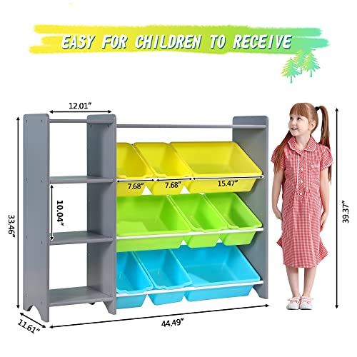 Mallbest 4-Tier Kids' Toy Storage Organizer Shelf - 100% Solid Wood,Children's Storage Cabinet With 9 Plastic Bins And And 3 Storage Ports (Grey) #TOP2