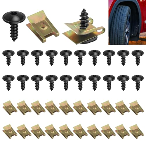 40 Kit de Clip à Vis et Écrou, avec 20 Vis de Carrosserie et 20 U-Clips, N90974701, U Clips de Fixation Universels en Métal pour Voiture Garde-boue...