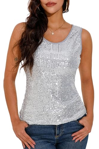 GUANYY Sliver Sequin Tops for Women Party Night Sparkle Metallic Tank Top Crewneck Sexy Disco Outfit Sliver X-Large