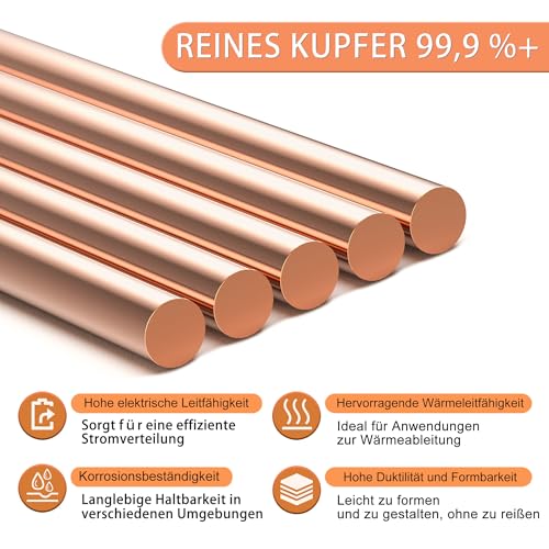 KWOKWEI Reines Kupfer Rundstab Ø 8 mm in 250 mm Länge, Massiver Kupferstab Drehbankstange 99.9% Rein Kupferstäbe für DIY Metallhandwerk Hobbys DIY Schmuck Modell, 1 Stück