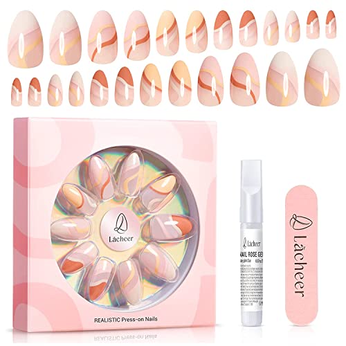 Press On Nails Short Almond Nails -Swirl Frech Tips Medium Fake Nails With Glue Orange Beige Peach Lines False Nails With Design Acrylic Reusable Full Cover Nail Kits Glue On Nails For Women 24Pcs Static Stick On Nails, A Boo #TOP5