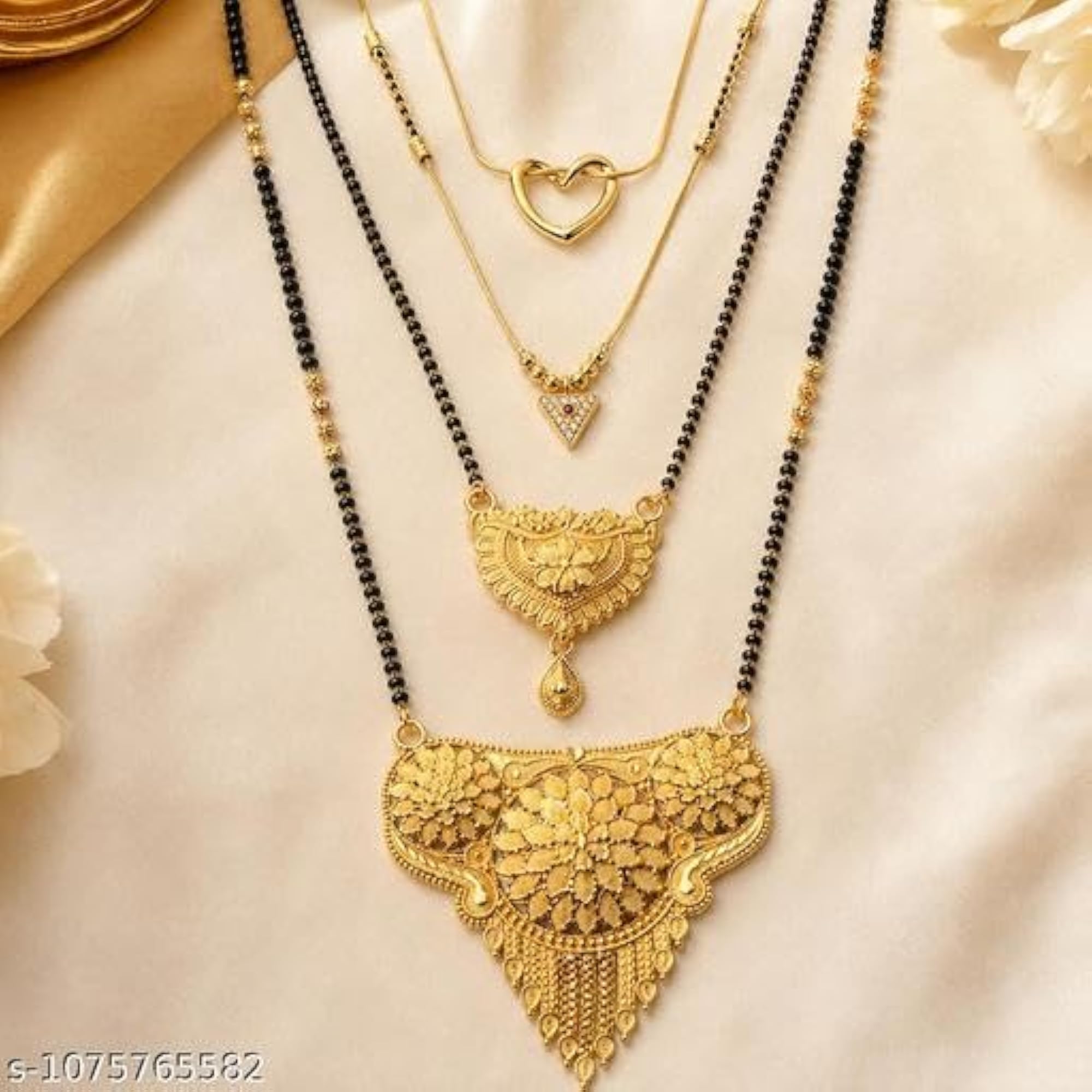 4pc Gold Plated Mangalsutra Necklace Set with Black Beaded Chains