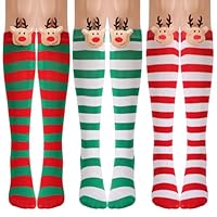 Jupsk Kids Christmas Socks Over Knee High Socks with Bows and Fluffy Balls Reindeer Striped Long Stockings for Children Girls 3 Pairs