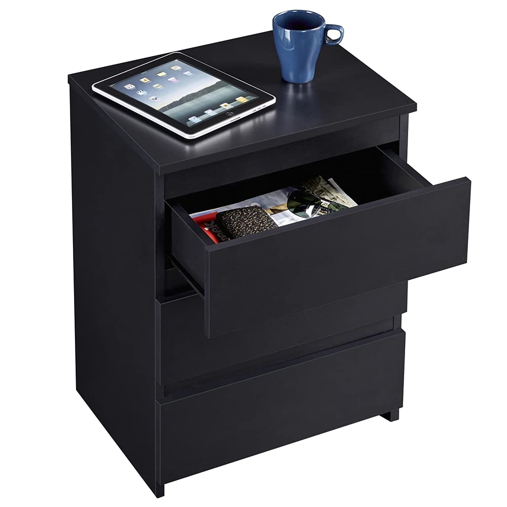 Yaheetech Comodino Camera da Letto Cassettiera Bianco con 3 Cassetti Mobiletto Moderno Tavolino Lato in Legno MDF per Soggiorno 45 x 35 x 60,5 cm Nero