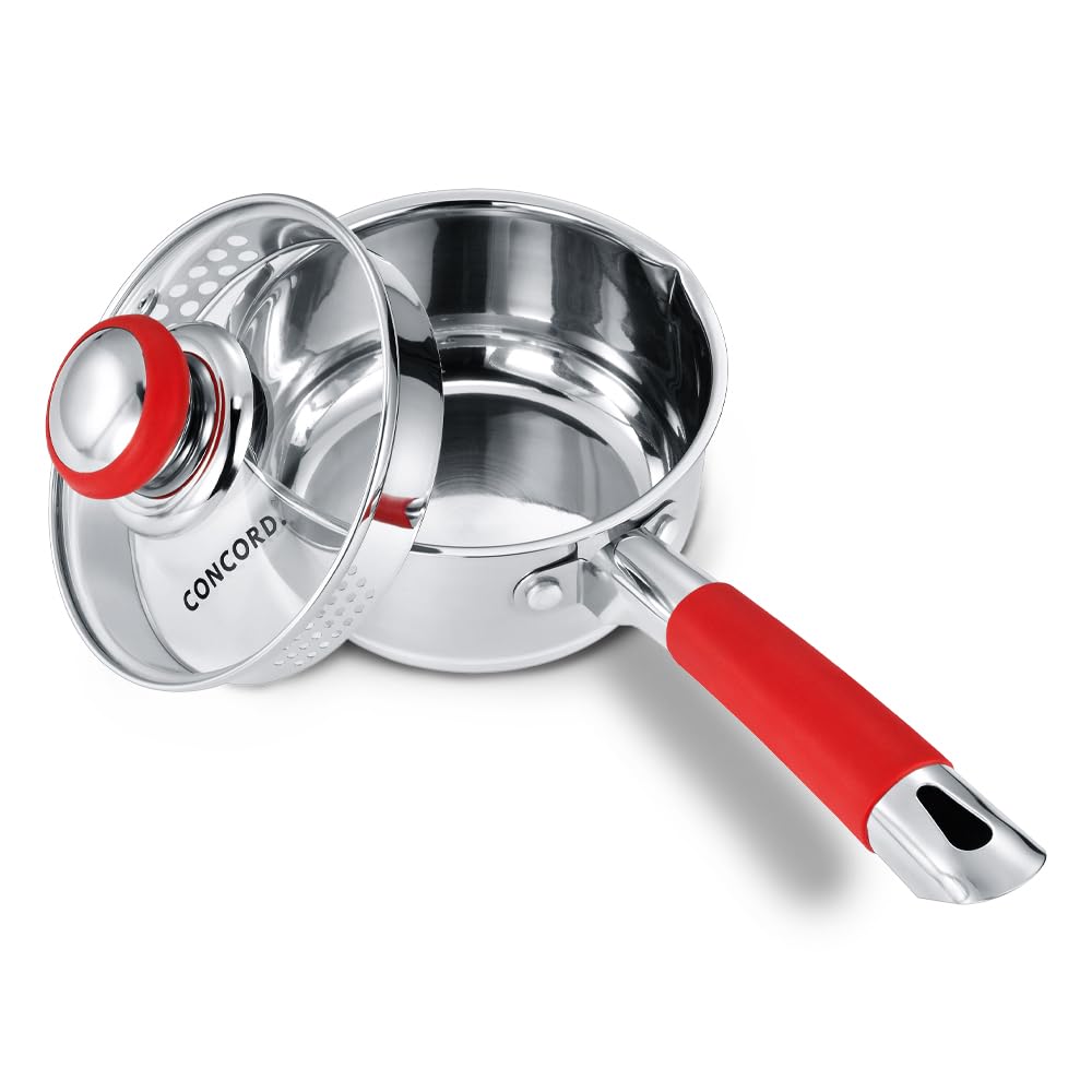 1 Quart Stainless Steel Saucepan with SIMPLE POUR Vented Glass Lid. Features Dual Pouring Spouts and Volume Marking. Perfect for making Sauces, Jam, Ramen, and more