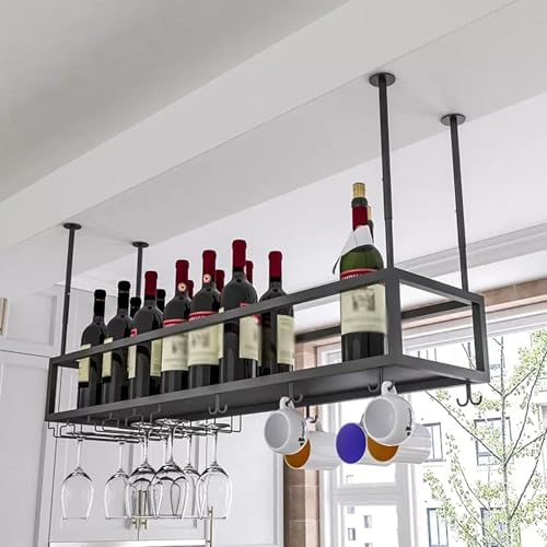 Stylish Metal Hanging Wine Bottle Rack for Home Bar - Ceiling Mounted Floating Shelf for Wine Glasses & Bottles - Modern Storage Solution for Cafe & Home Display