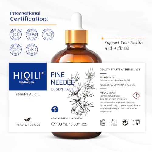 Image of HIQILI Pine Needle Essential Oil for Skin, Candle Making, Cleaning Spray | Creating a fresh, woody scent for aromatherapy, DIY shampoo, soap, and beard care - 100ml / 3.38 fl oz