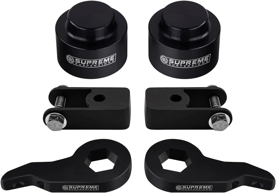 Supreme Suspensions - 3" Front + 1.5" Rear Lift Kit for 2000-2006 Chevy Tahoe Suburban & GMC Yukon 1500 4WD Adj. MAX-Torsion Keys + T6 Billet Aluminum Spring Spacers + Front Shock Extenders (Black)