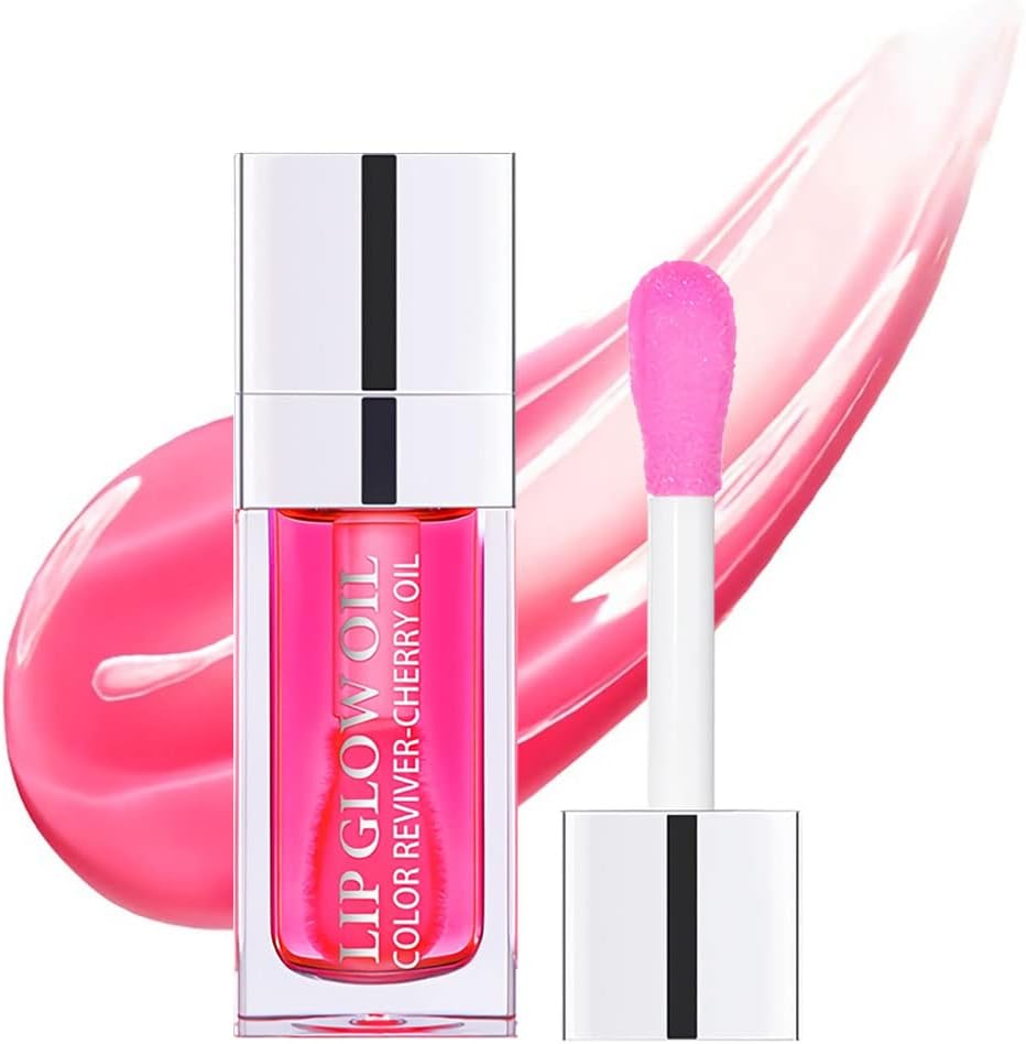 Plumping Lip Oil, Hydrating Lip Gloss Tinted Lip Balm, Long Lasting Nourishing Lip Glow Oil Non-sticky Big Brush Glitter Primer Lip Tint (RASPBERRY)