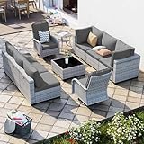 Sweecci 10-Piece Patio Furniture Set, Outdoor Patio Furniture with Swivel Chairs Set, Thick Cushions, Modular Patio Sofa, Dual-Strand Wicker Rattan, Rust-Resistant Frame, Grey