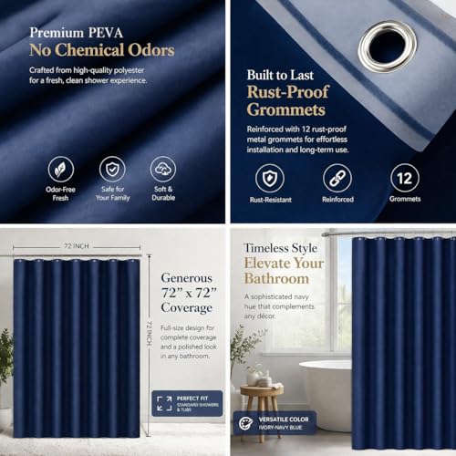 Image of EHZNZIE Navy Blue Shower Curtain Liner 72x72, PEVA Waterproof Bath Curtain, No Chemical Smell, 3 Weighted Magnets, Durable with Rustproof Metal Grommets