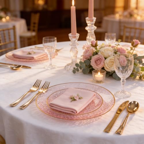 DaYammi 60PCS Pink Gold Plastic Plates - 10 inch Pink Plastic Dinner Plates - Hammer Pattern Design - Fancy Clear and Gold Disposable Plates Ideal for Mother's Day — view 4