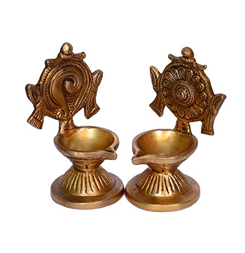 Purpledip Brass Aarti Diya Set: Shankha Chakra Oil Lamps for Home Temple (10460), Gold, Large - Image 2