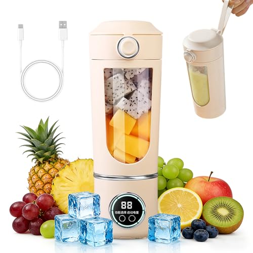 Tragbarer Mixer Smoothie Maker 700 ml Kleiner Entsafter Typ-C Wiederaufladbar mit 12 Rostfreien Klingen Becher mit Auslaufsicherem Deckel & Trinköffnung für Milchshake Saft Smoothie (Beige)