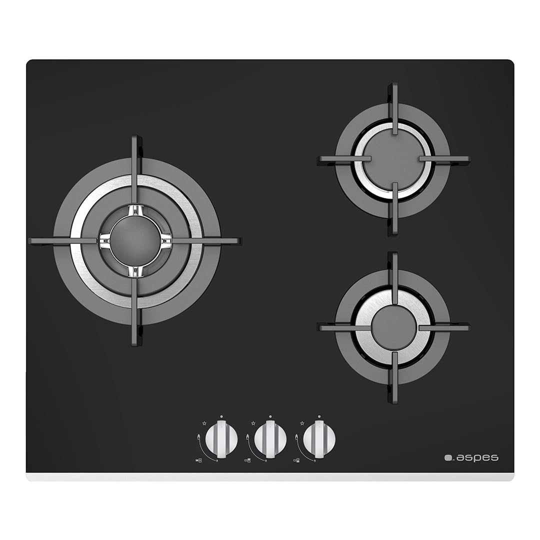 Aspes Placa de Gas Butano, AGW3602N. 3 Quemadores, Ignición Automática, Quemador WOK, Mandos Giratorios, Parrillas Forjadas, Seguridad FFD, Integrable, Fácil Limpieza, Acabado Negro