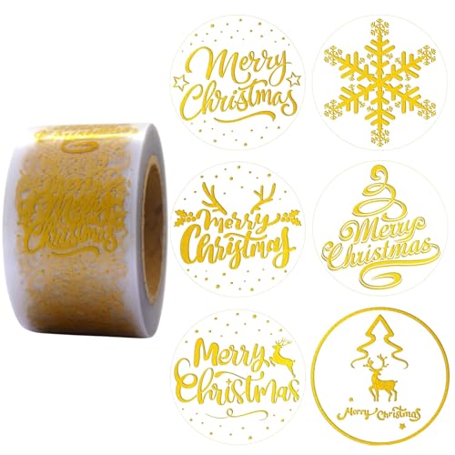 Masper Christmas Stickers 3.8 cm 600 Sheets 6 Waterproof Transparent Gold Foil Shiny Designs Merry Christmas Stickers for Xmas Decorations Cards Crafts Envelopes Wrapping