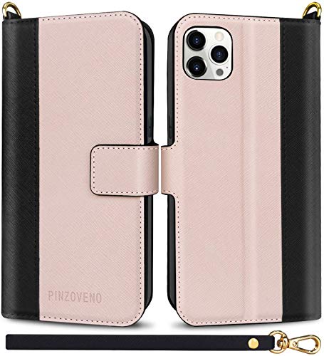 Pinzoveno for iPhone 12/12 pro Wallet case, Flip Phone Cover with Card Holder Wrist Strap and Screen Protector Kickstand PU Leather Folio Funda iPhone 12/12 Pro Cases for Women - Pink