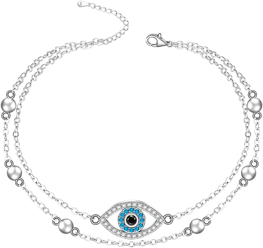 Fenthring Blue Evil Eye Anklet Bracelet Sterling Silver Double Layered Protection Nazr Greek Evil Eye Ankles for Women Turkish Mal De Ojo Summer Boho Beach Mothers Day Gifts