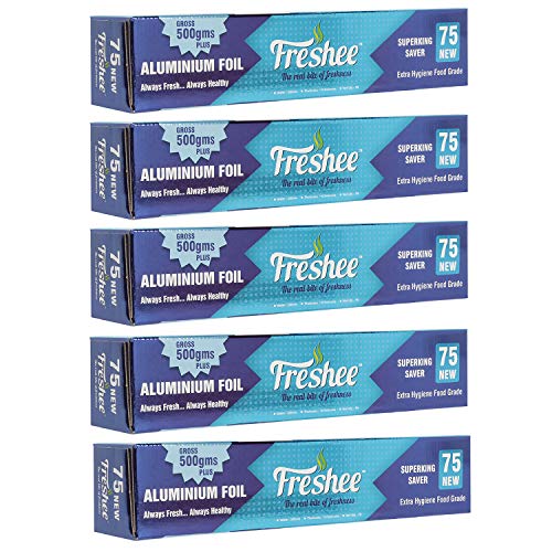 Image of Freshee Aluminium Silver Kitchen Foil Roll 500gm, Pack of 5 11 Micron Thick, Food wrap, Disposable, Food Parcel, Fresh Food