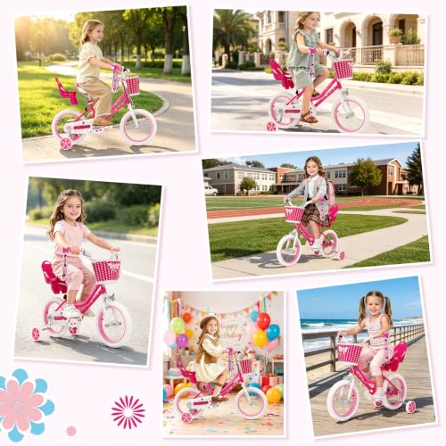 Image of Glaf Toddler Girls Bike for Age 2-12 Years Old | 12 14 16 20 Inch Kids Bike Girls Bicycle with Training Wheels,Basket,Doll Seat,Princess Style Kids Bicycle Gift