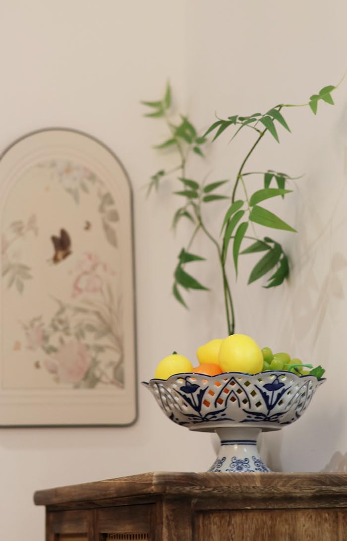 Vintage Floral Round Chinoiserie Ceramic Serving Bowl with Draining Holes, Blue And White10" Large Fruit Basket, Hand Painted Multifunctional Tray for Table Countertop, Decorative Footed Platters