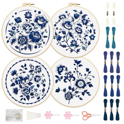 Image of FREEBLOSS 4 Set 12'' Embroidery Kit for Beginners Indigo Flowers Border Pattern Embroidery Kit with Instructions Full Kit of Embroidery Cloth 2 Embroidery Hoops Indigo Blue Series Flosses