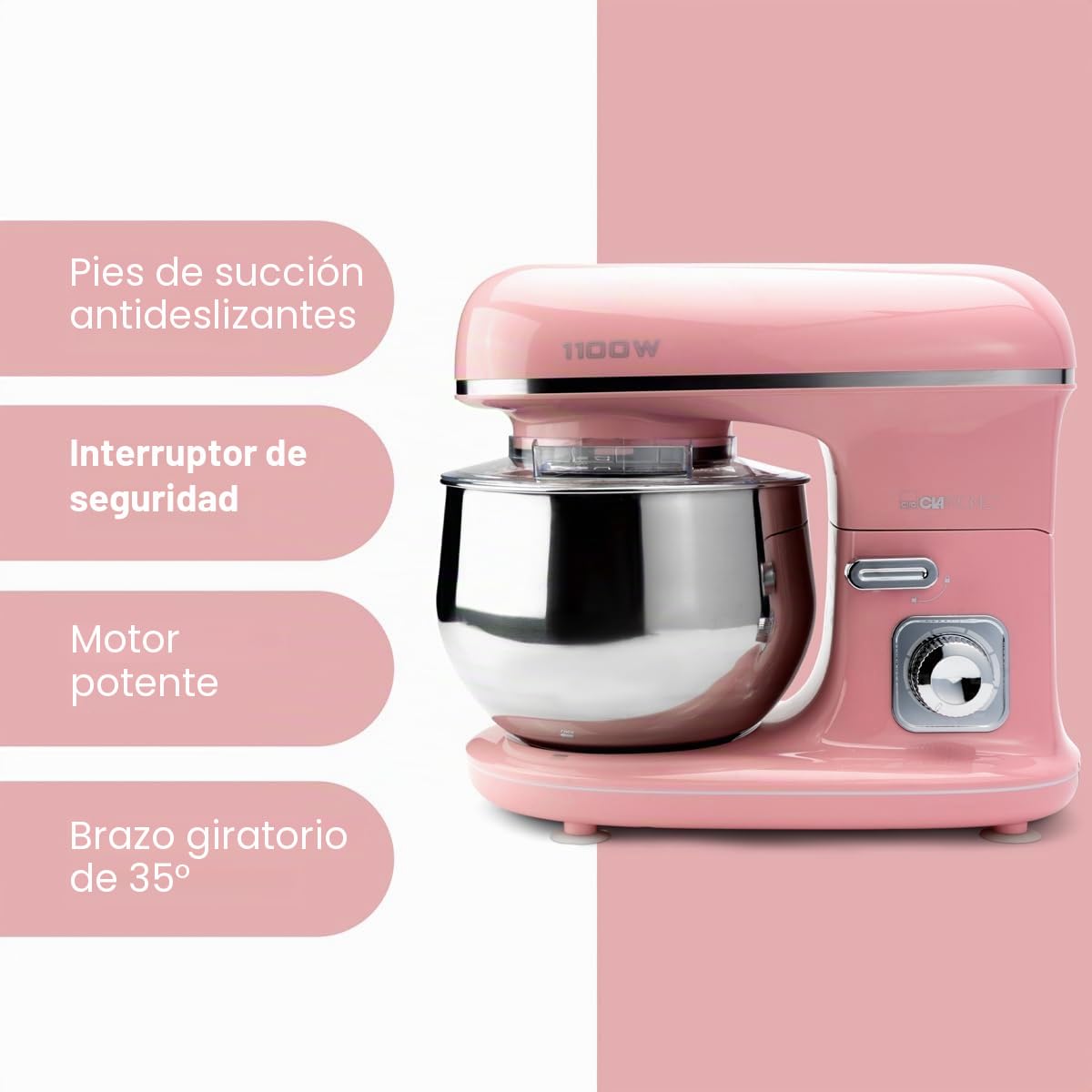 Clatronic® Máquina de Cocina Retro para Hornear | Amasadora 5L |1100W | Amasadora | Gancho y Batidor | Amasadora Protector contra salpicaduras con abertura de repuesto - KM 3711 rosa