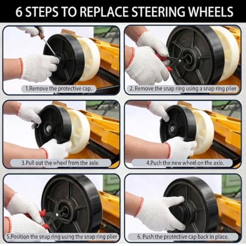 Image of Set of 2 Pallet Jack Steering Wheels (7 inch x 2 inch) Black Polyurethane on Steel Hub - Heavy Duty Replacement Parts with Pre-Installed Bearings, Axles & Fasteners - Fits Most Pallet Trucks
