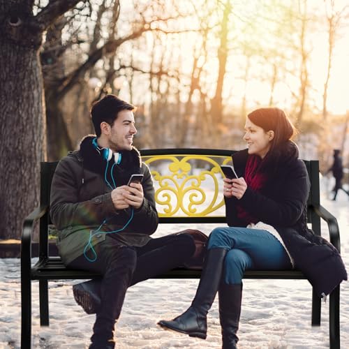 Image of VINGLI Outdoor Bench for Patio Metal Garden Bench w /PVC Back Pattern, Black Park Benches Front Porch Benches for Yard Lawn Decor Deck Entryway (Yellow&Black)