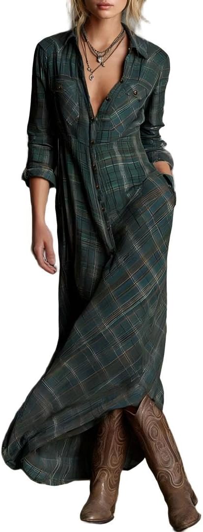Womens Plaid Maxi Dress Lapel Long Sleeve Button Down Shirt Dress Vintage Western Flowy Dresses with Pockets