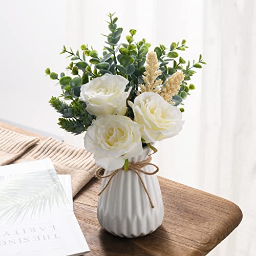 Cozzi Codi Fake Flowers With Vase, Dining Table Decor, Artificial Flowers White Roses In Vase, Silk Faux Flower Arrangements, Rustic Home Office Centerpiece Decorations, Bathroom Plant Decor #TOP3