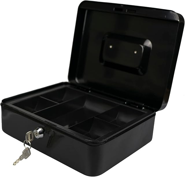 Hyfive® Steel Security Petty Cash Box with Keys & Tray in Black, 6"
