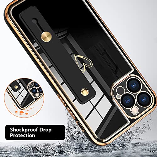 Kanghar Designed For Iphone 13 Pro Case With Wrist Strap Loop Luxury Love Heart Plating Gold Bumper Phone Cover Wristband Kickstand Full Body Protective Slim Case For Women-Black #TOP1