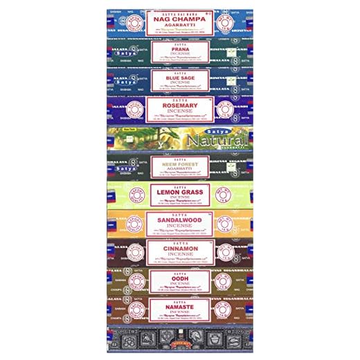 Satya Bangalore (BNG) Incense Set of 12 Nag Champa Namaste Super Hit Neem Forest Prana Oodh Sage Cinnamon Lemongrass Rosemary Natural Sandalwood, VarietyPack05