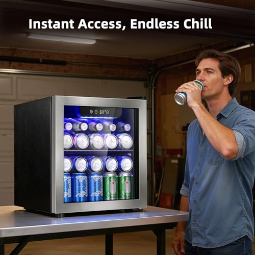 Image of Antarctic Star 48 Can Beverage Refrigerator, 12 Bottle Mini Fridge with Seamless Stainless Steel Glass Door, Digital Temperature Display, Countertop Wine Cooler for Home Bar, Office, Kitchen, Silver