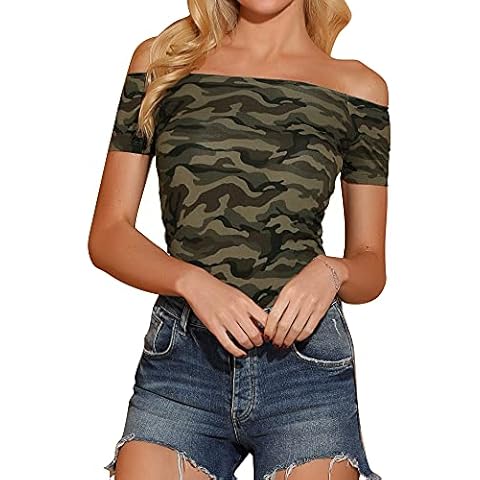Allegra K Camisa Corto con Hombros Descubiertos Y Mangas Cortas Ajustadas Blanco Negro para Mujer Verde Camuflaje Cover