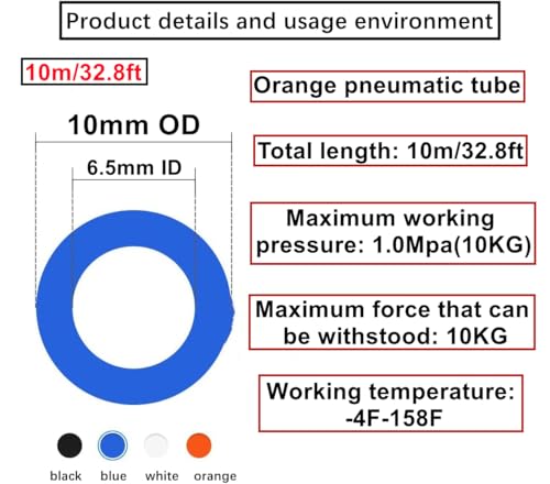 Miniatura 3 de Haxiha 10 Metros Manguera Neumática 10mm Od 6.5mm Id,Naranja Tubo Compresor Aire.Poliuretano Pu Manguera De Aire Tubo Kit 32.8ft Para La Línea De Aire O Tubería De Transferencia De Fluidos